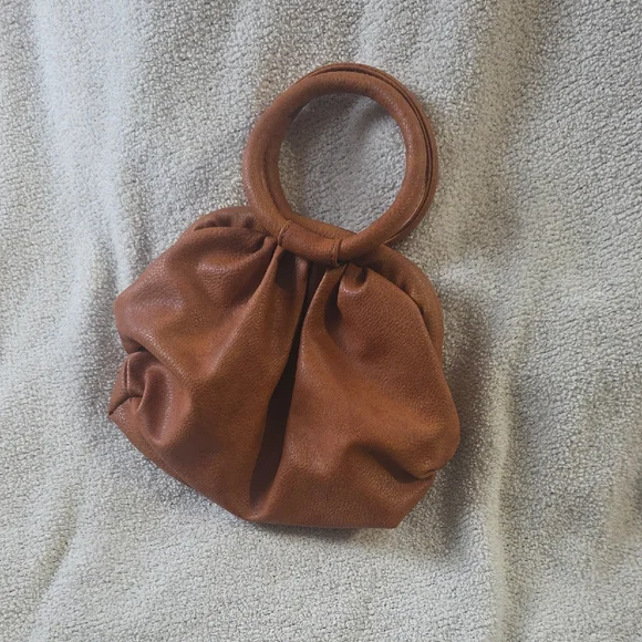 Brown Faux Leather Ring Handle Purse – Soft Pleated Style - Picture 2 of 3